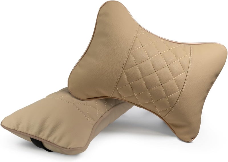 Synterior Set of 2 Quilted Faux Leather Car Headrest Pillow, Black Case/Black Threading, Ergonomic Neck Support for Comfortable Driving (Tan Base/Beige Thread) - Image 2